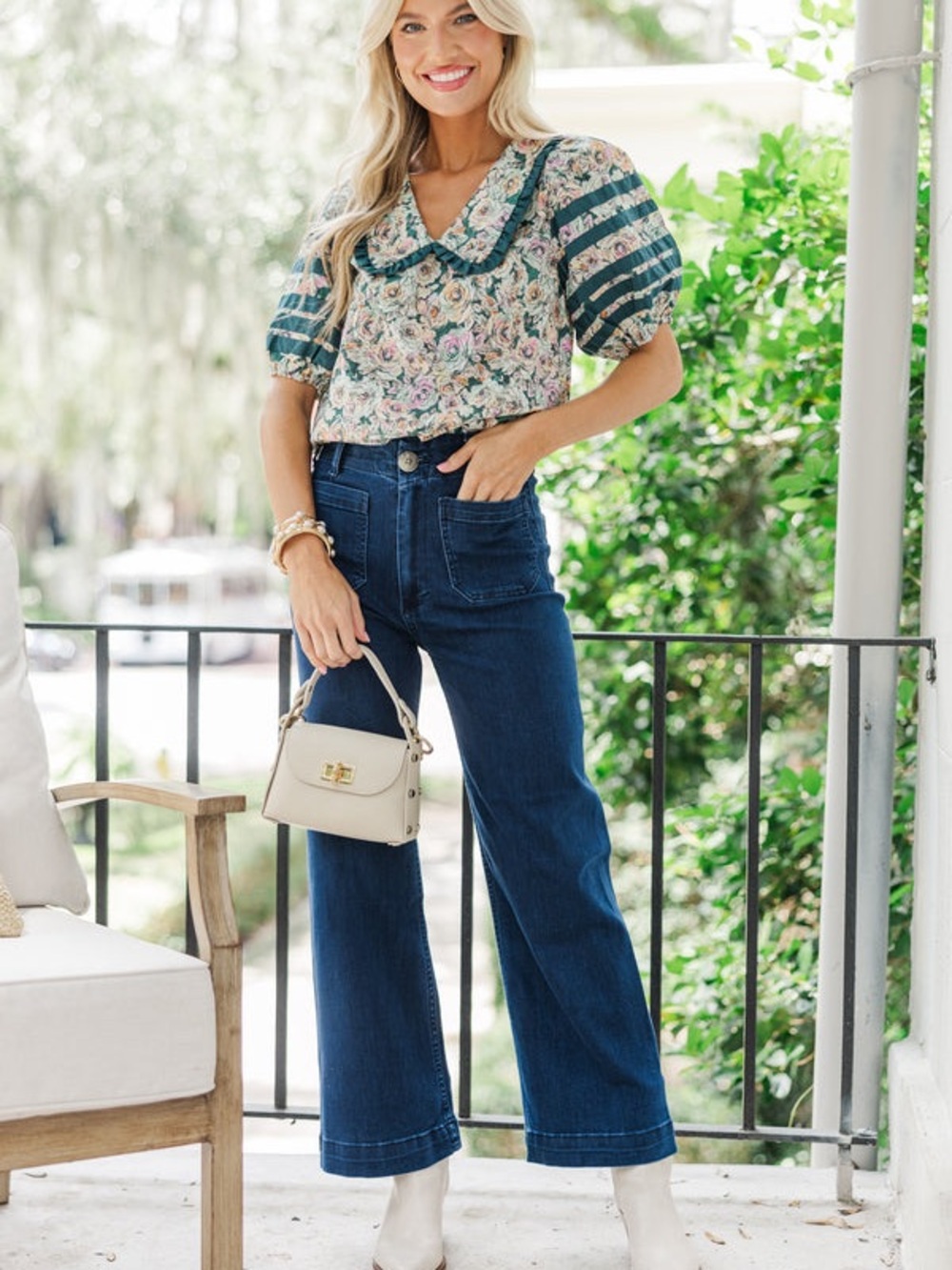 Entro Floral Puff Sleeve Low Collar V-Neck Colorful Blouse Hunter Green L - Picture 2 of 9
